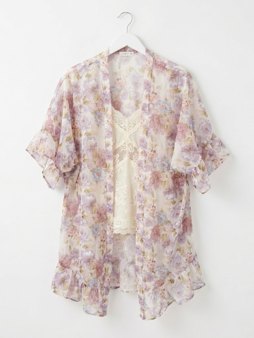 Kori Floral Kimono Cardigan Sheer Ruffle Hem Cottagecore Fairy Boho Size S